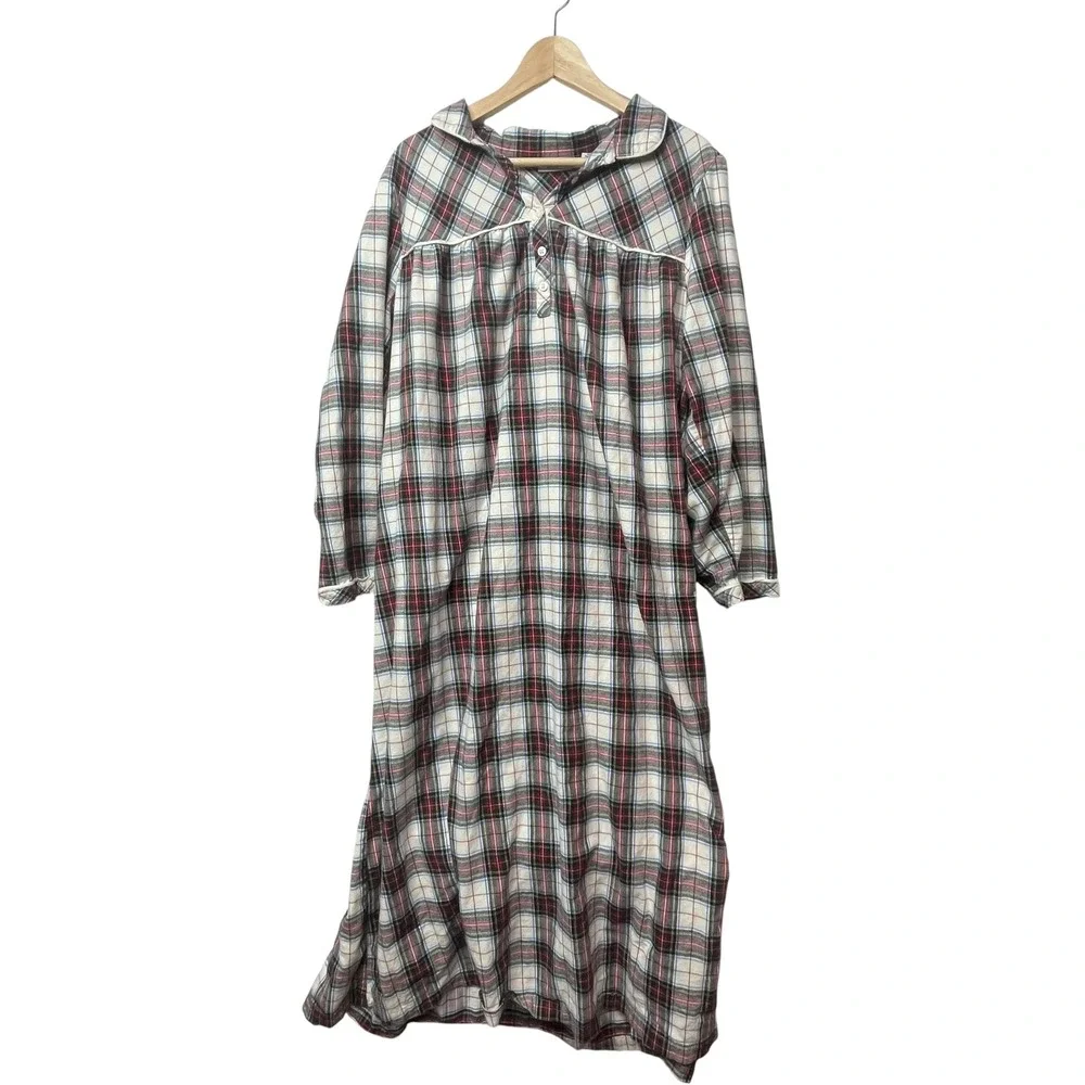 LL Bean Womens XL Flannel Nightgown Red White Blue Plaid 100% Cotton